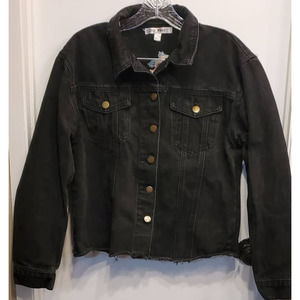 SAY What Jean Jacket Black Denim Rose Embroider Cropped Raw Hem Size Medium